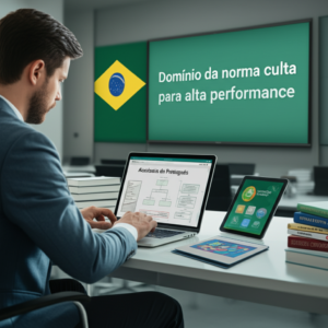 Academia de Português para Profissionais de Alta Performance 1 Profissional estudando gramática avançada de português em ambiente de academia moderna, com livros, laptop e gráficos de marketing ao fundo.