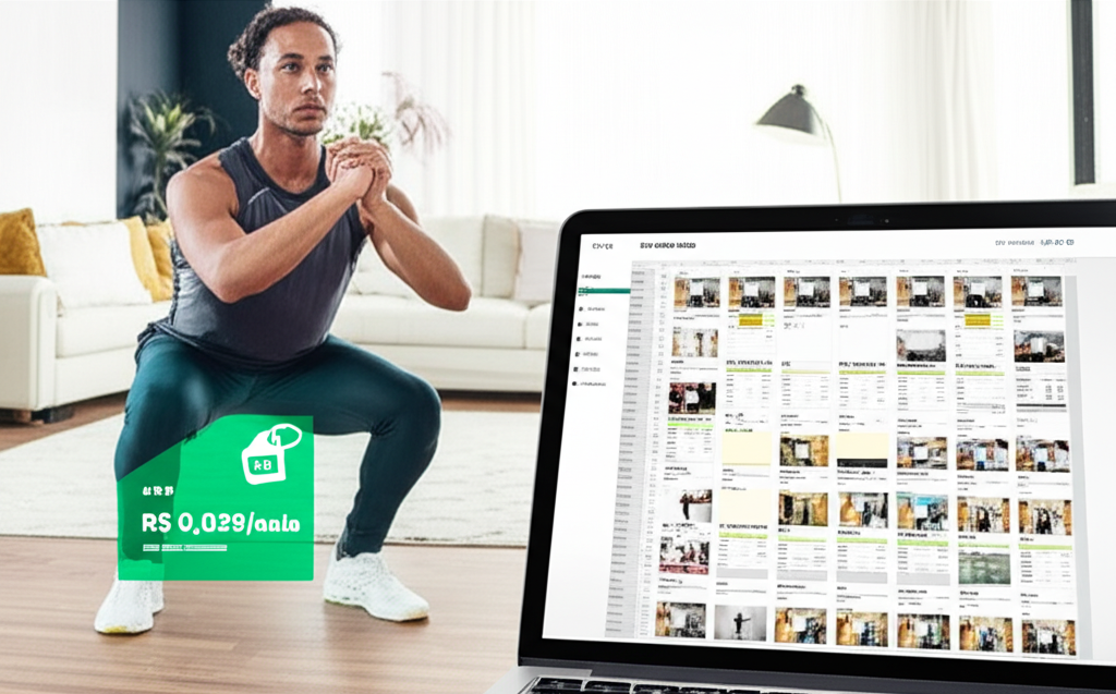 Pessoa realizando treino funcional em casa, com tablet mostrando interface de área de membros com centenas de vídeos e planilhas de exercícios. Imagem representa análise de custo-benefício dos +500 Treinos Funcionais em Vídeo.