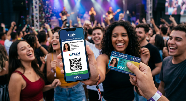 CIE - Carteira de Identificação Estudantil: Bônus de Renovação – Ganhe Meses Extras de Acesso. 5 Carteira CIE digital e física da FESN em destaque, com jovens estudantes felizes aproveitando um evento cultural ao fundo, simbolizando o benefício da meia-entrada.