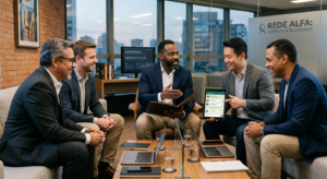 Homens maduros discutindo conduta e segurança em grupos de WhatsApp, simbolizando desenvolvimento pessoal e networking masculino.