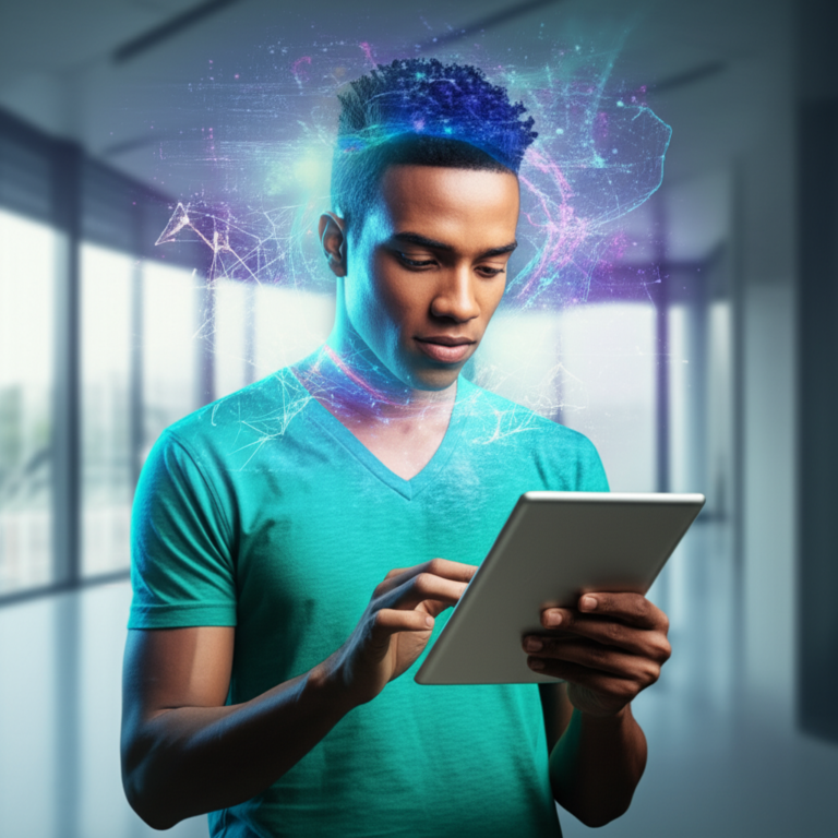 Curso Leitura Dinâmica - Metaleitura de Renato Alves: Vale a Pena o Investimento? 1 Pessoa lendo rapidamente um livro ou tablet, com sobreposições gráficas que simbolizam neurociência e processamento de informações. A imagem representa o Curso Leitura Dinâmica - Metaleitura de Renato Alves e a capacidade de acelerar a leitura e compreensão.