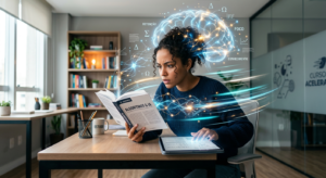 Pessoa concentrada utilizando técnicas de leitura dinâmica do Curso Metaleitura, com livros e dispositivos digitais e elementos gráficos de aprendizagem acelerada e memorização.