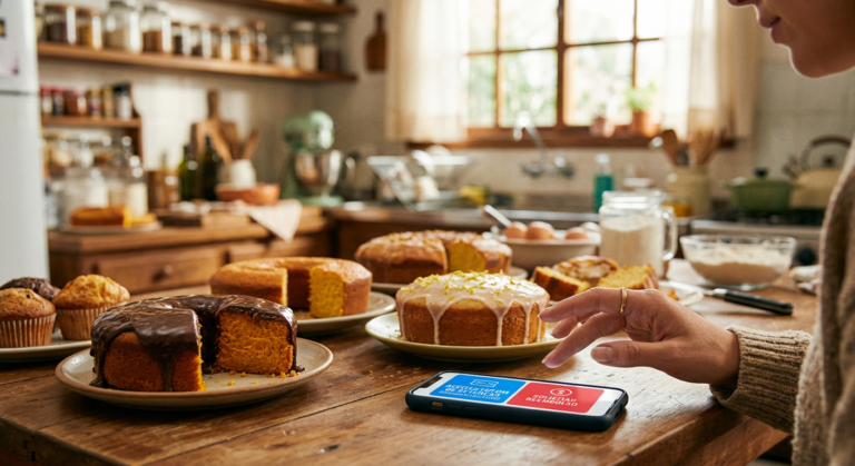 Mesa de cozinha com bolos caseiros e smartphone exibindo opções de cupom de retenção ou reembolso.