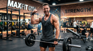 Homem musculoso e confiante na academia, símbolo dos resultados de força e massa muscular prometidos pelo GHDROL.