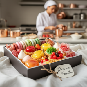 Elegant handcrafted sweets in a gift box, representing the 'Doces para Presentear' course by Ísis Alvarez.