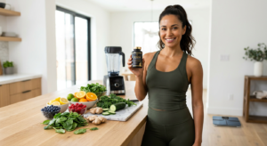 Mulher feliz e em forma com produtos Donna Detox Black, simbolizando emagrecimento, bem-estar e vitalidade.