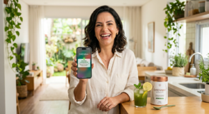 Mulher feliz segurando smartphone com cupom Drenna+ após abandono de carrinho, com produto e bebida.