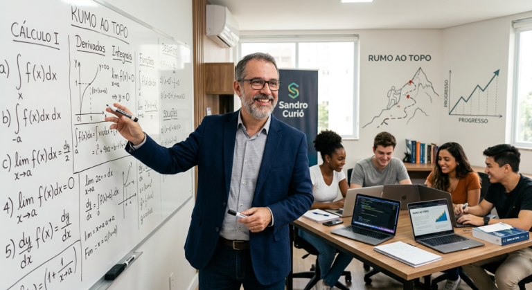 <h1>RUMO AO TOPO com Sandro Curió: Grupo de Compra – Dividir o acesso barateia o curso?</h1> 10 Professor Sandro Curió e grupo de estudantes colaborando em matemática para provas, com laptops e equações ao fundo.