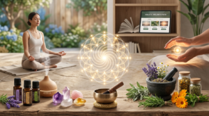 Coleção harmoniosa de símbolos de terapias holísticas como cristais, óleos essenciais, meditação e mãos de Reiki, com um laptop, representando formação online completa e diversificada.
