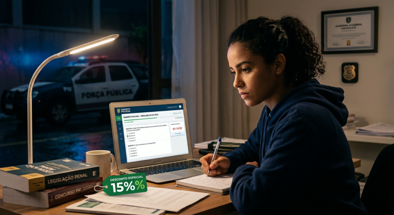<h1>Cupom Gabarito Policial Offline: Existe Desconto em Eventos Presenciais?</h1> 4 Estudante concentrado no notebook com a plataforma Gabarito Policial e um ícone de cupom de desconto, preparando-se para concurso.
