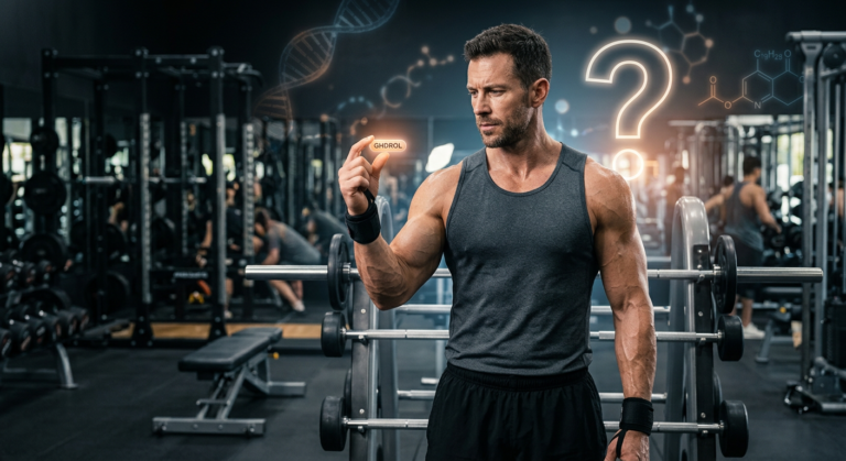 GHDROL é bomba? Entenda a Realidade do Suplemento para Hipertrofia 5 Homem musculoso em academia questionando a eficácia e segurança do suplemento GHDROL, com elementos científicos e fitness ao fundo.