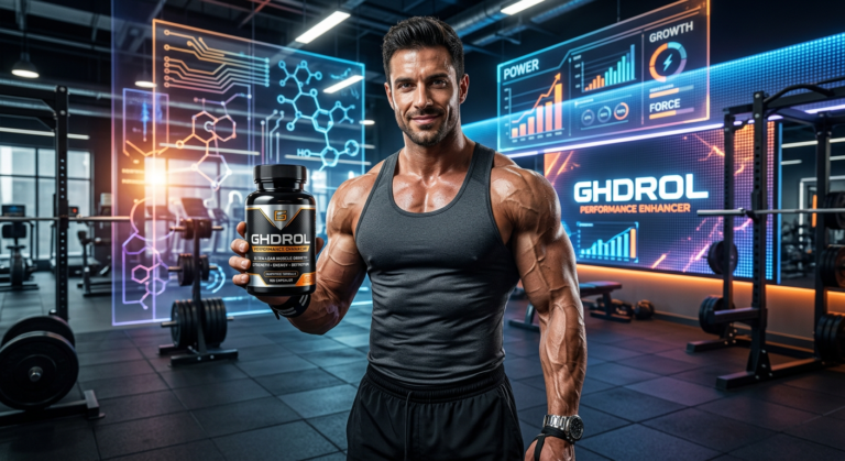 <h1>GHDROL: Análise Completa e Como Maximizar Seus Ganhos (Com Bônus!)</h1> 4 Homem musculoso e definido segurando um frasco de GHDROL em uma academia de alta tecnologia, simbolizando força, hipertrofia e performance masculina.