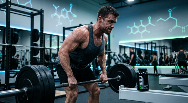 GHDROL: 10kg de Massa em 6 Semanas? A Verdade Sem Rodeios. 3 Homem musculoso na academia ao lado do frasco de GHDROL, simbolizando ganho de massa muscular e alta performance.