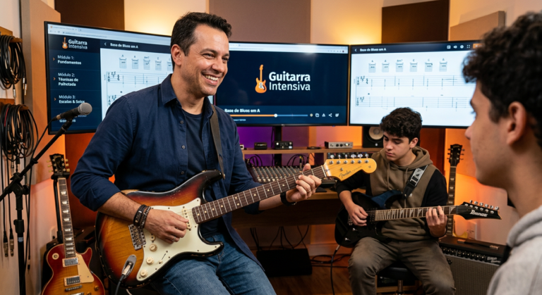 Cupom Guitarra Intensiva Offline: Existe desconto em eventos presenciais? 5 Professor Rodrigo Ferrarezi ensinando guitarra elétrica no curso online Guitarra Intensiva, com aluno praticando ao fundo.
