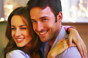 Casal feliz abraçado, representando amor e intimidade