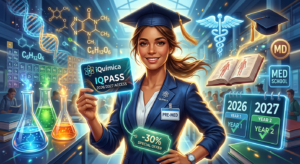 Estudante confiante segura IQPASS digital com símbolos de química e medicina ao fundo, indicando acesso até 2027 e desconto para aprovação em vestibulares.