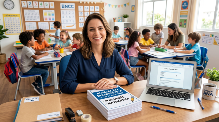 KIT SÓ ESCOLA: Avaliação Diagnóstica 1º ao 5º ano – A Solução para Professores? 1 Professora satisfeita com kit de avaliação diagnóstica 1º ao 5º ano da BNCC, com pilhas de provas e laptop aberto em sala de aula.