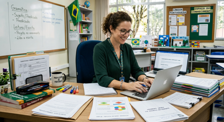 LÍNGUA PORTUGUESA - Planejamentos e Atividades - 6º ao 9º ano - BNCC 2026 Preço de Lançamento vs Atual: O cupom compensa o aumento? 3 Professor organizado com materiais de Língua Portuguesa