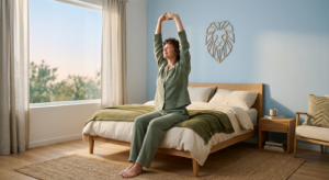 Pessoa acorda revigorada e cheia de energia em um quarto moderno e sereno, simbolizando os benefícios do LIONsleep para um sono reparador.