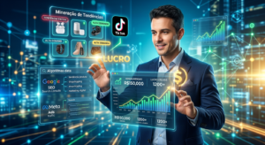 Caio Ferreira, mentor de e-commerce, analisando dados complexos e algoritmos para encontrar tendências lucrativas em dropshipping nacional com 'Mestres do Algoritmo'.