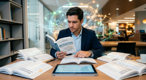 Pessoa concentrada lendo rapidamente em livros e telas digitais, com efeitos visuais de velocidade e ativação cerebral, representando o método Metaleitura de Renato Alves.