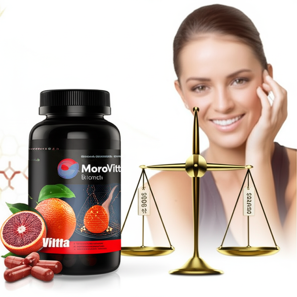 <h1>MoroVitta é caro? Comparamos o valor com outros emagrecedores.</h1> 1 MoroVitta frasco e cápsulas ao lado de laranjas Moro, com mulher satisfeita e gráfico de comparação de preços de emagrecedores.