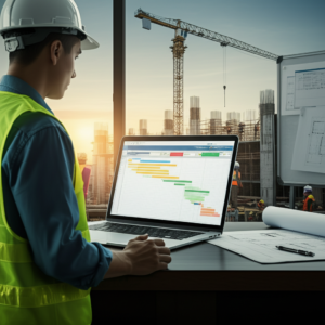 Engenheiro civil usando MS Project em canteiro de obras, com gráfico Gantt e maquinário de construção ao fundo.