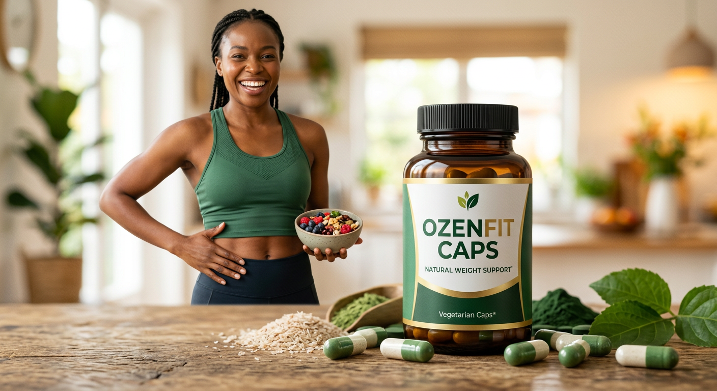 Ozenfit Caps é caro? Análise de Custo-Benefício e Comparativo no Mercado. 1 Frasco de Ozenfit Caps com cápsulas e pessoa emagrecida e feliz, simbolizando emagrecimento natural e sem agulhas.