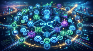 Fluxo de trabalho de automação n8n se conectando a elementos de inteligência artificial, com engrenagens digitais e fluxos de dados, simbolizando inovação e alto potencial de retorno.