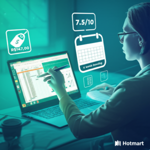 Review técnico completo do curso de Excel e Power BI 1 Laptop showing Excel spreadsheet and Power BI dashboard, with a professional pointing at the screens, price tag, rating badge, and timeline icons.