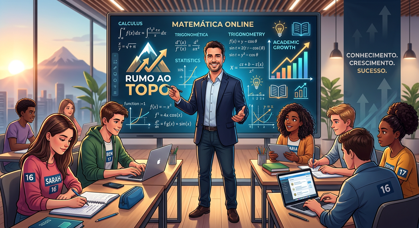 <h2>RUMO AO TOPO com Sandro Curió é caro? Comparamos com 3 alternativas mais acessíveis.</h2> 1 Sandro Curió ensinando matemática avançada em uma tela digital interativa para um grupo de estudantes focados, com gráficos e fórmulas ao fundo, simbolizando o curso RUMO AO TOPO.