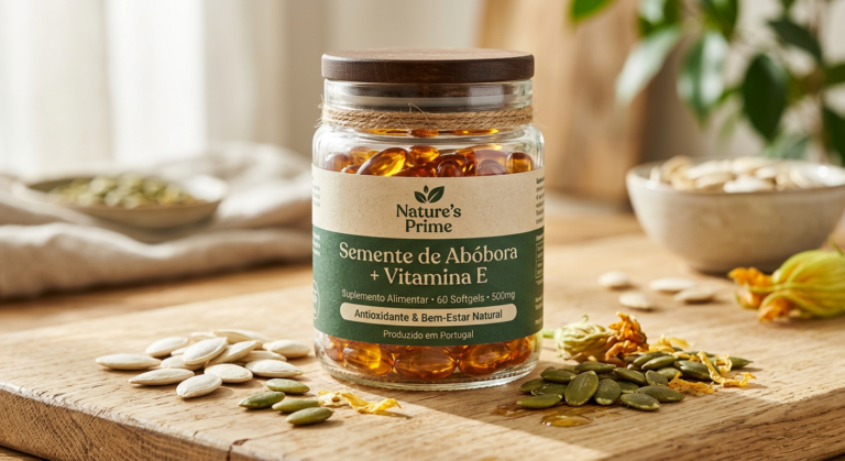 Semente de Abóbora + Vitamina E Nature’s Prime com Cashback: É possível receber dinheiro de volta? 4 Frasco do suplemento Semente de Abóbora + Vitamina E da Nature's Prime, com cápsulas e sementes de abóbora espalhadas, destacando os ingredientes naturais e os benefícios para a saúde.
