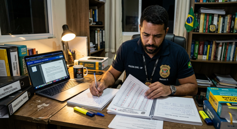<h1>Cupom Gabarito Policial de Abandono de Carrinho: Como receber no e-mail?</h1> 10 Estudante de concurso policial utilizando gabarito para treinamento