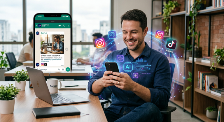 Cupom ZapPost de Aniversário: A ZapPost LTDA faz promoções em datas fixas? 6 Empreendedor feliz usando o ZapPost para receber posts diários prontos e personalizados para Instagram e TikTok diretamente via WhatsApp.