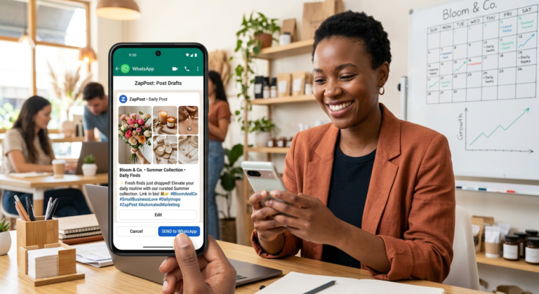 ZapPost: Bônus de Renovação — Meses Extras de Acesso Ampliam Seu Conteúdo Diário 8 Empreendedora sorridente visualizando um post pronto do ZapPost recebido via WhatsApp no seu smartphone, simbolizando facilidade na criação de conteúdo diário para redes sociais e crescimento de negócios.