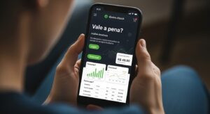 Jonas, professor de inglês e advogado, apresentando o curso Beway 2.0 em ambiente digital com elementos de aprendizado de idiomas e bandeira do Brasil.