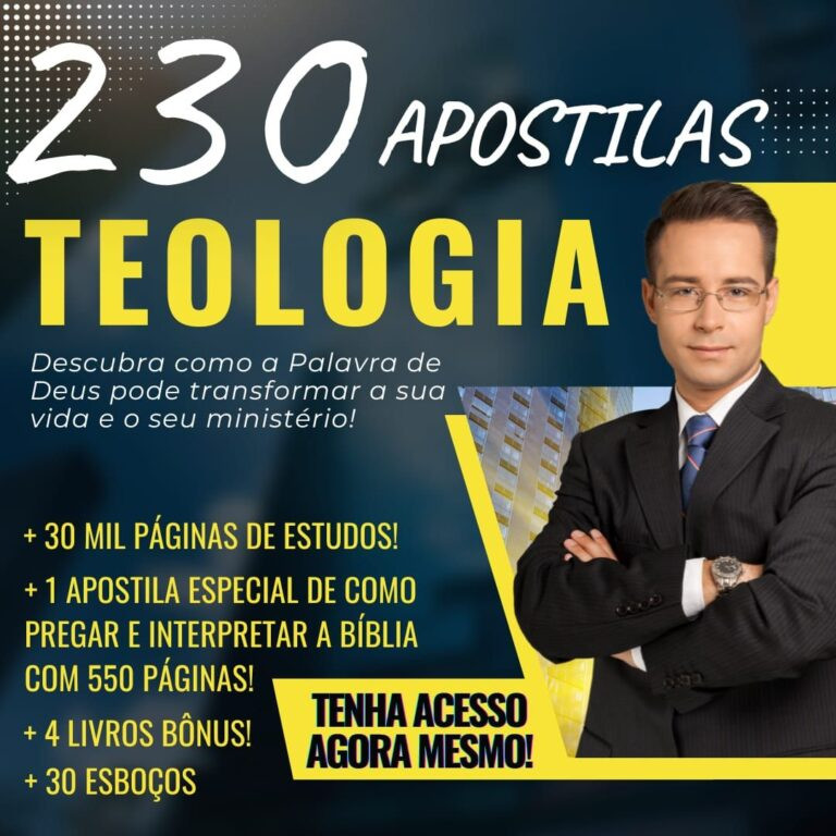 230 Apostilas de Teologia em PDF – Cupom de Desconto! 1 Capa das 230 apostilas de teologia em PDF com bônus e brindes, preço promocional