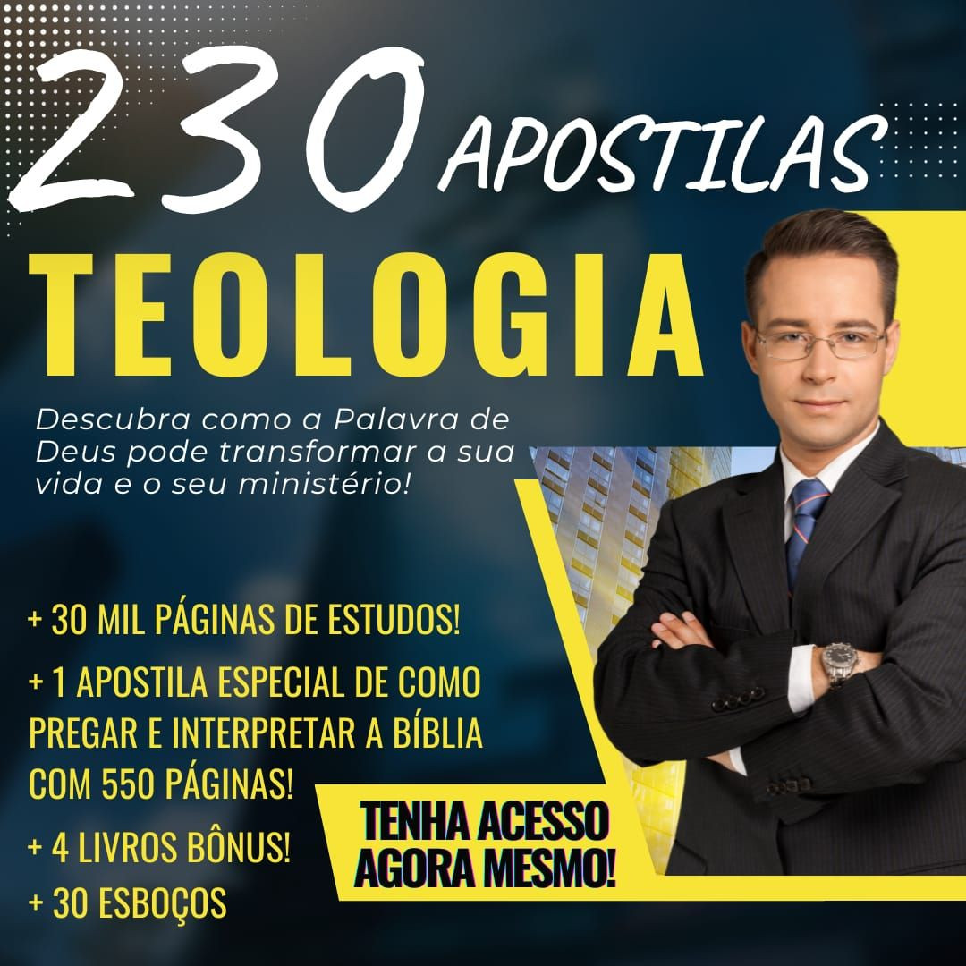 Capa das 230 apostilas de teologia em PDF com bônus e brindes, preço promocional