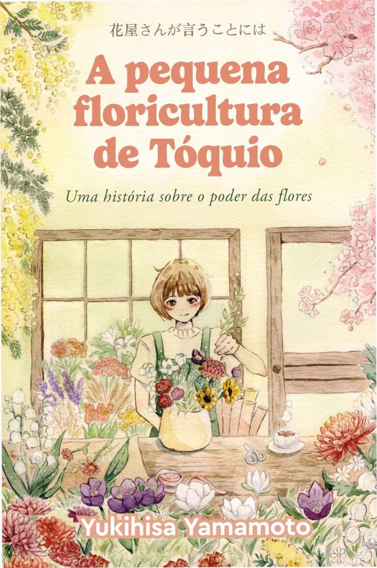 Livro A Pequena Floricultura de Tóquio com protagonista Kikuko Kimina entre flores em floricultura de Tóquio, representando recomeço e hanakotoba