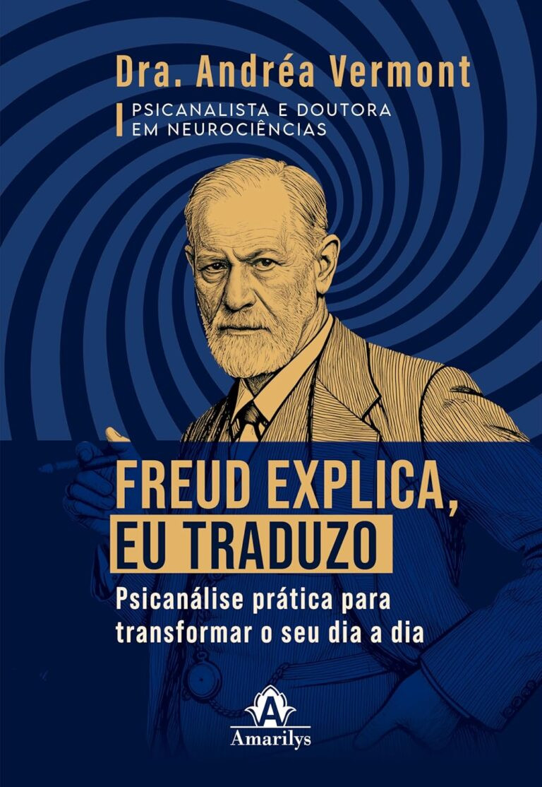 Illustration of Andrea Vermont's book cover on a desk beside a Kindle, with a faded Freud portrait blended with neural network graphics, surrounded by coffee, notebook, smartphone and city skyline.