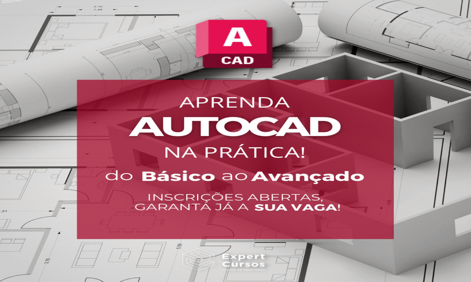 Tela do curso AutoCAD Expert mostrando projetos 2D/3D e mais de 1000 blocos CAD para prática