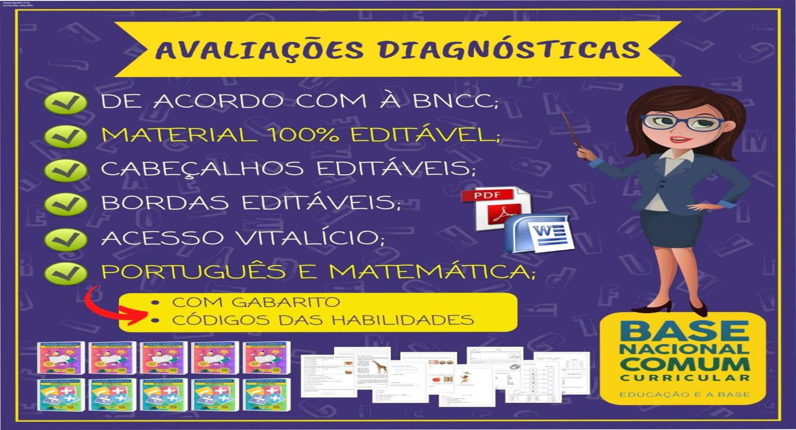 Capa do kit de avaliação diagnóstica para 1º ao 5º ano, material editável alinhado à BNCC, ideal para economizar planejamento pedagógico