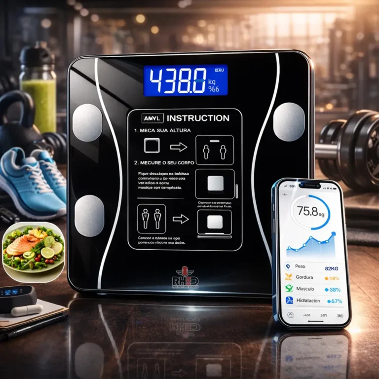 Balança digital de bioimpedância Bluetooth preta da RHEAD RED HIGH END STUDIOS, com tela exibindo peso e métricas corporais, ao lado de um smartphone mostrando o app de acompanhamento.