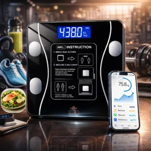 Balança digital de bioimpedância Bluetooth RHEAD preta com vidro temperado, ao lado de smartphones mostrando o app Android e iOS.