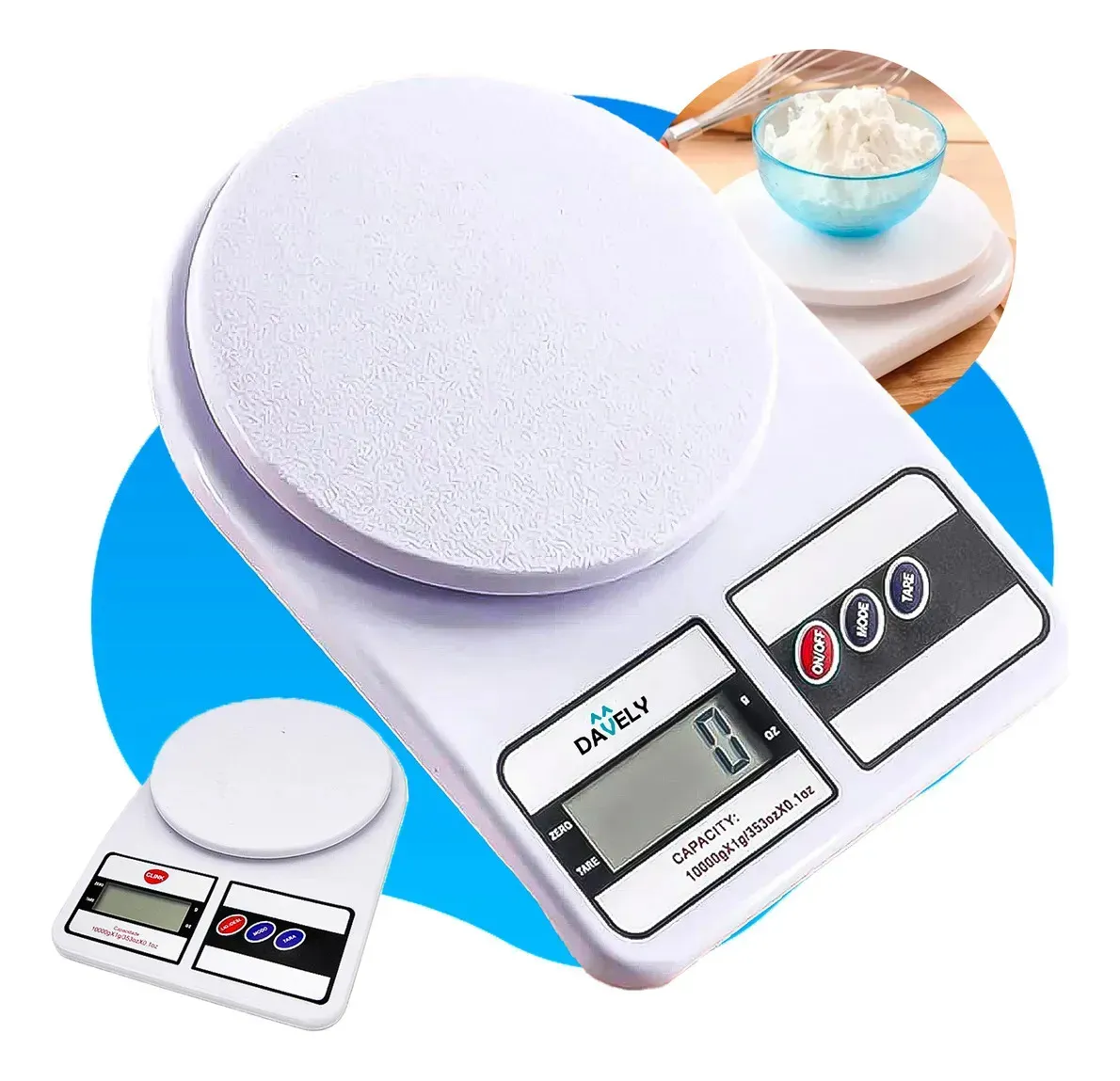 Balança digital de precisão Davely Cook 10 kg branca com display LCD sobre bancada de cozinha.