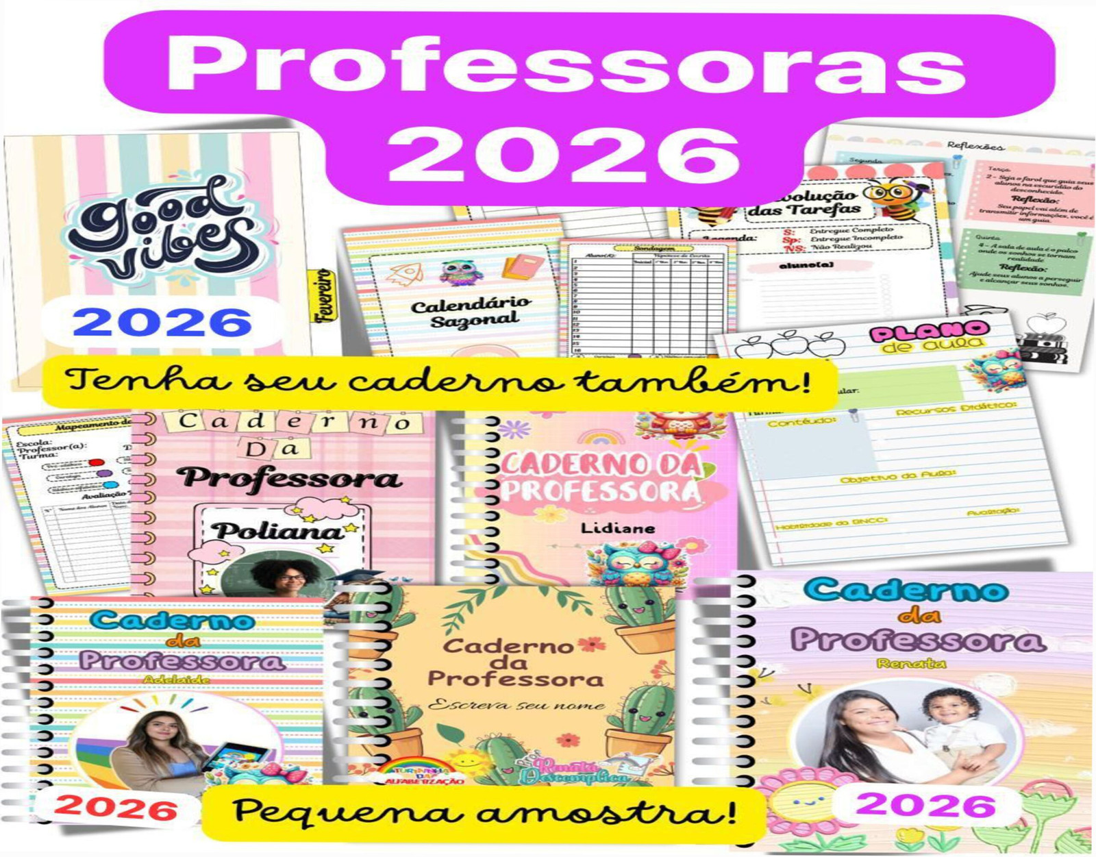 Capa editável do Caderno da Professora 2026 com sondagem diagnóstica e espaço para foto