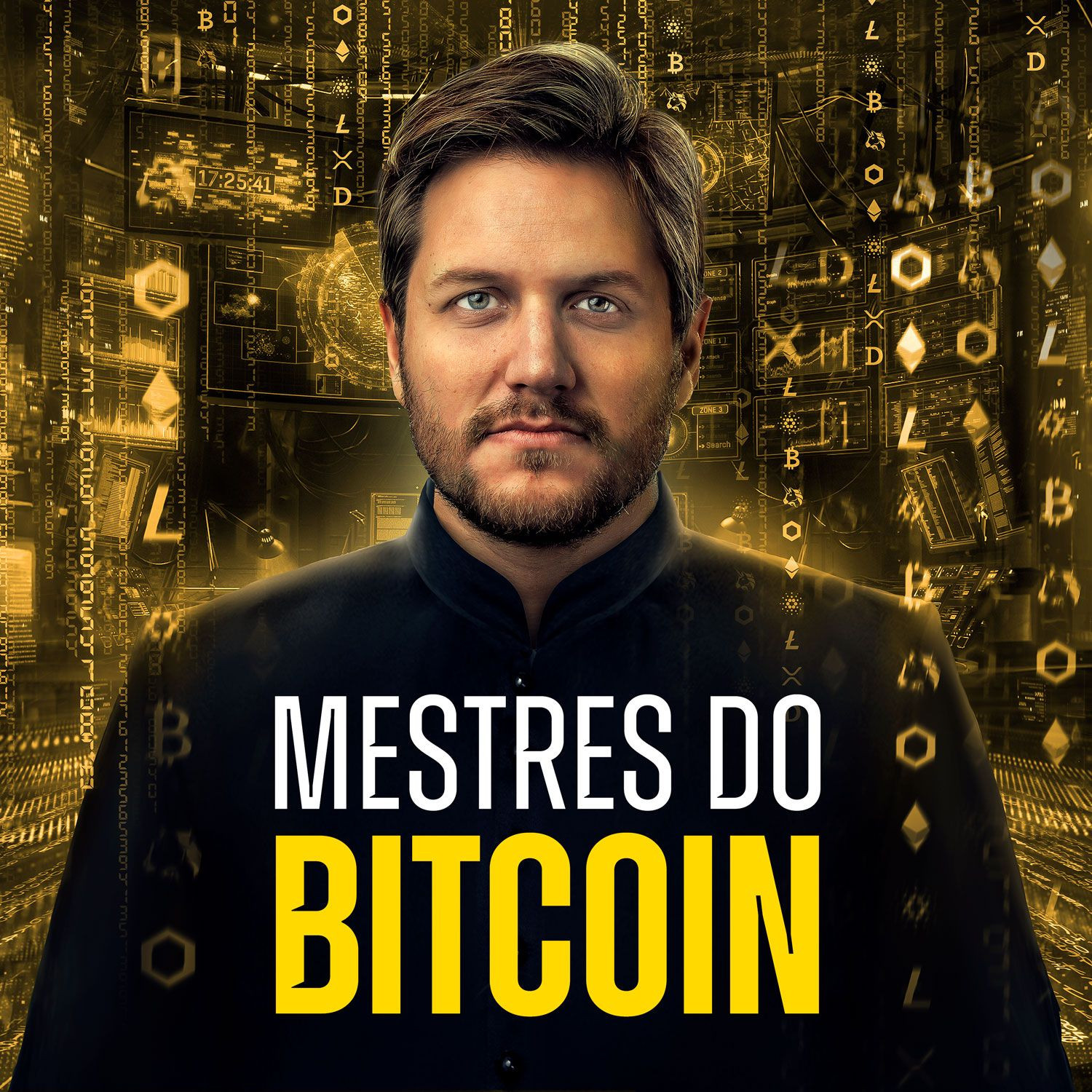 Capa do curso Mestres do Bitcoin mostrando gráficos de Bitcoin e estratégias de trading