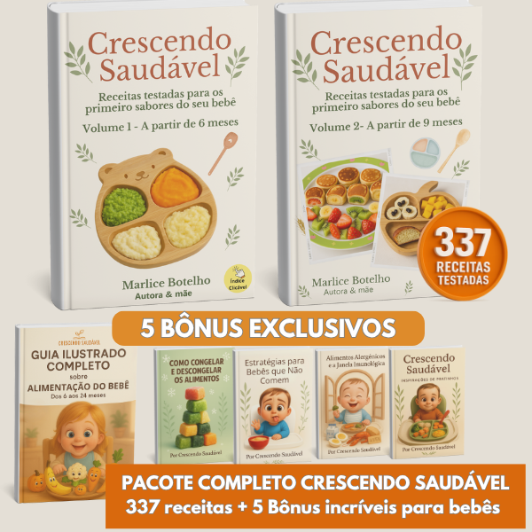 Capa do ebook 'Receitas Para Bebês Crescendo Saudável' ao lado de mãe preparando papinha colorida para bebê em cozinha iluminada.