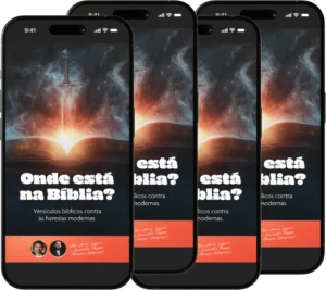 Capa ilustrada do e‑book Onde está na Bíblia - Versículos contra heresias modernas 1 Capa do e‑book "Onde está na Bíblia" com Bíblia aberta, mapa da Terra Santa, artefatos arqueológicos e figuras representando católico e protestante em debate.