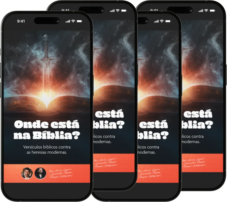 Capa do e‑book "Onde está na Bíblia" com Bíblia aberta, mapa da Terra Santa, artefatos arqueológicos e figuras representando católico e protestante em debate.